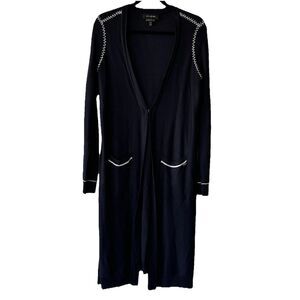 St John Navy Blue and White Hand beaded Long Cardigan Sweater Size M